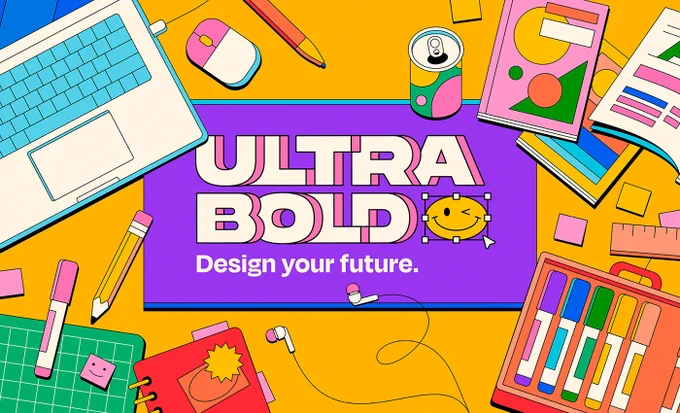 A screenshot of a bright, colorful illustration for the UltraBold campaign aimed at teenagers. It shows a designer's desk with the "UltraBold" name and the tagline "Design your future" in the middle, a laptop in the top left corner, some sketchbooks, earphones, pens and pencils, and a drink can. 