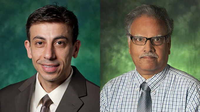 One graphic with headshots of Robert Akl (left) and Krishna Kavi (right) side-by-side with green backgrounds