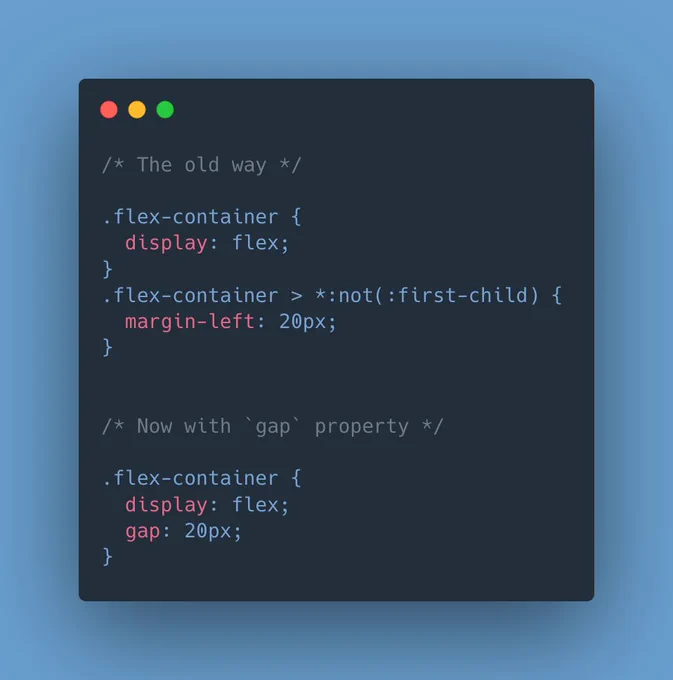 CSS showing use of gap property compared to the old method using margins
