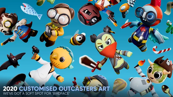 A collage of a selection of Outcasters characters created by mixing and matching the different parts in-game.

