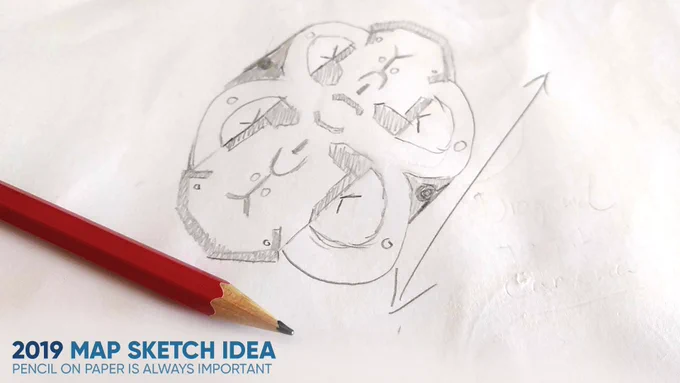 A rough top-down pencil sketch on paper of an Outcasters level.

