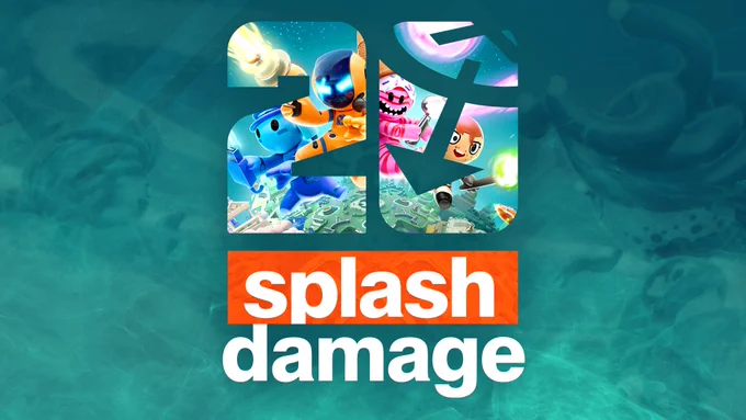 A special 20th Anniversary version of the Splash Damage logo, overlaid with Outcasters key art.

