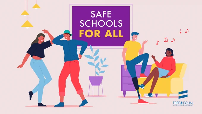 Young people having fun together; the on-screen text reads "Safe school for ALL"