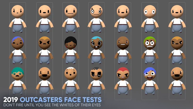 A range of Outcasters with different face styles and expressions, to test the different options.

