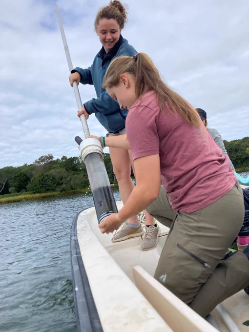 Ella Lemley-Fry and Bri Stevens doing coring at West Falmouth Harbor.  James Yunzhang Hu, Sydney Russo, and Alice Ball at MASSTC testing effluent from different septic systems undergoing trials. And Lilja Carden and Javier Lloret, doing her project at Waquoit Bay on mussel ecology. Photo credits: Emma Daily