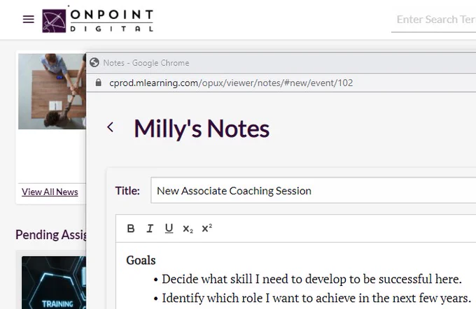 A screenshot of OnPoint Digital's note taking feature.