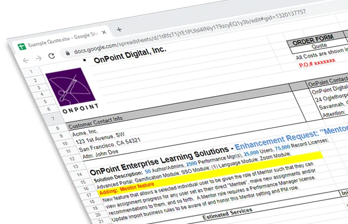 A screenshot of an OnPoint Digital quote form.