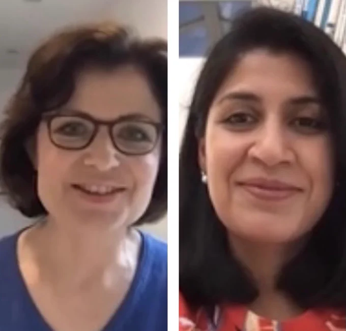 Two colour photographs of women facing out at the camera. The woman on the left wears a blue top, has dark hair and glasses on. The woman on the right has long dark hair.