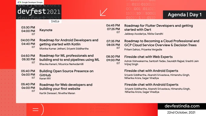 📢Take a glimpse on the Agenda of Day 1 as it's just few hours to #DevFestIndia🤩

Which is the one session you are most excited for?
Share in the comments👇

Also, set your reminder at bit.ly/dfindia01 to not miss a second of the much awaited event.😎

#LetsGrowTogether