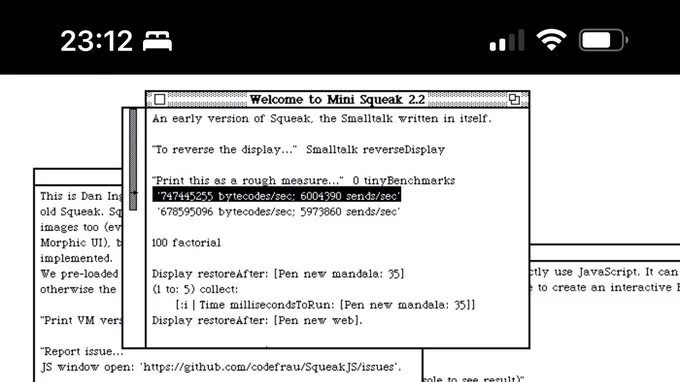 Screenshot showing tiny benchmark result of more than 700 million byte codes per second and 6 million sends per second.
