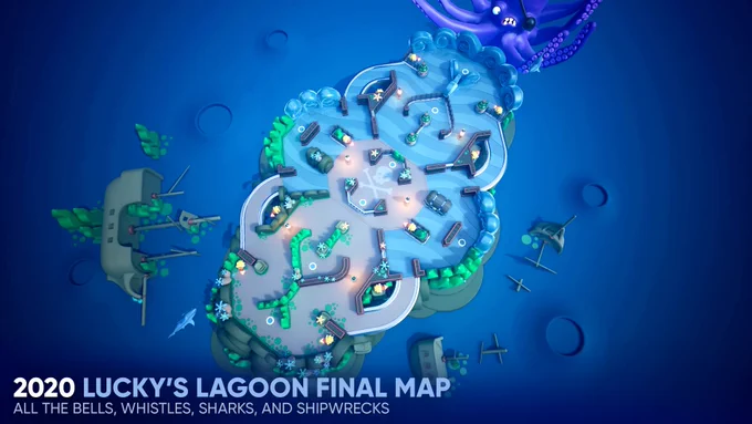 A top down look at Lucky's Lagoon, a level in Outcasters. It's a pirate-themed arena in the middle of the ocean, surrounded by sunken pirate ships and with a giant octopus sat at one end of the level.