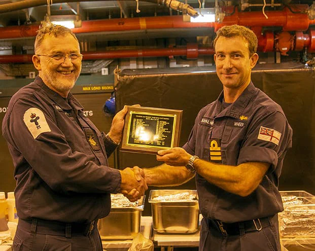 CMEM Sharkey Ward with his CO Cdr Charlie Wheen