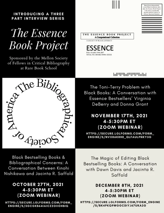 A black background with a six interchanging black and grey squares. Each square features the information for the event as a whole as well as each separate installment.