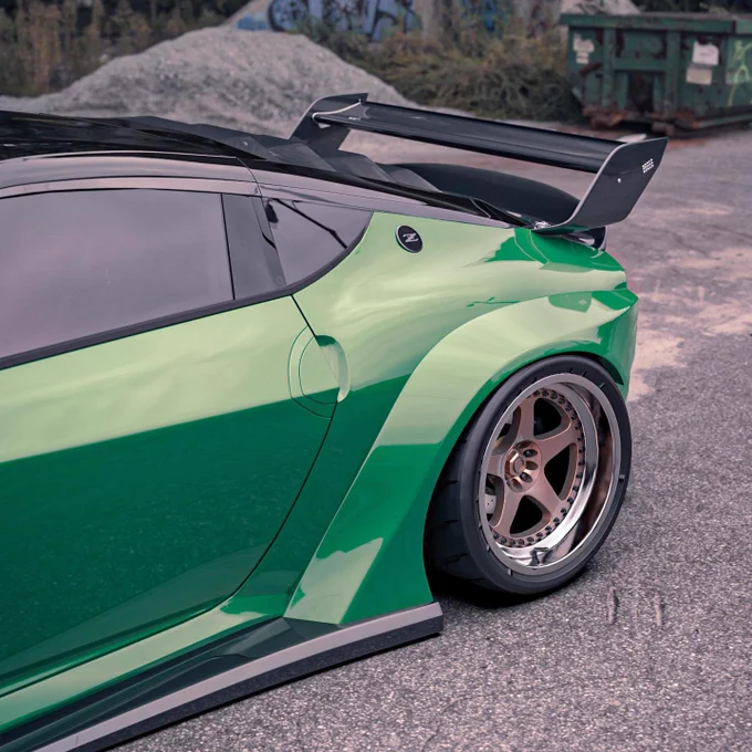 Wide Body Nissan 400Z on Work Wheels Gnosis HS203 & Big Wing - Hypebeast Wallpaper— Automotive Rendering by Brad Builds. (Widebody Arch) 