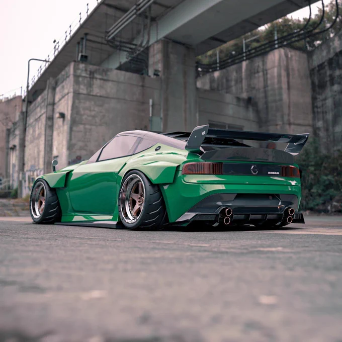 Wide Body Nissan 400Z on Work Wheels Gnosis HS203 & Big Wing - Hypebeast Wallpaper— Automotive Rendering by Brad Builds. (Rear End)