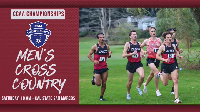 An infograph featuring a large group of Chico State men's cross country runners to the right. On the left side is information about the 2021 CCAA Cross Country Championships, including a CCAA Cross Country Championships logo and the race time (October 23 and 10 a.m.) and place (Cal State San Marcos).
