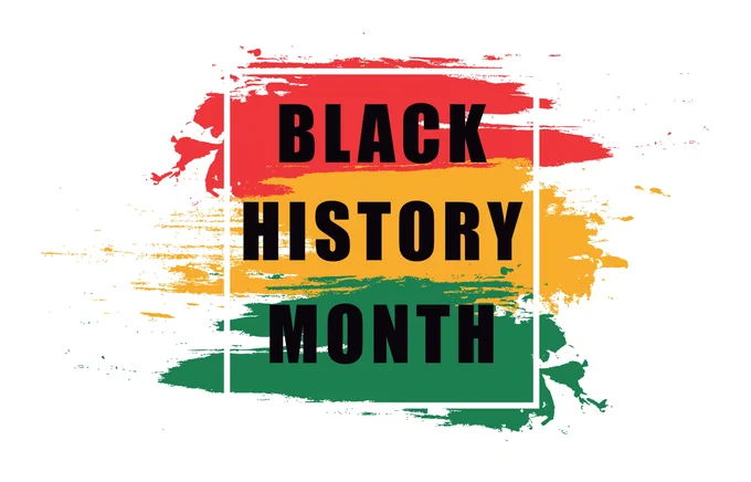An image with a plain background and three paint strokes in red, gold and green and a square. Inside the square are the words Black History Month.