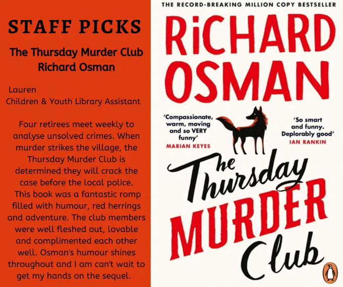Four retirees meet weekly to analyse unsolved crimes. When murder strikes the village, the Thursday Murder Club is determined they will crack the case before the local police.  This book was a fantastic romp filled with humour, red herrings and adventure. The club members were well fleshed out, lovable and complimented each other well. Osman's humour shines throughout and I am can't wait to get my hands on the sequel