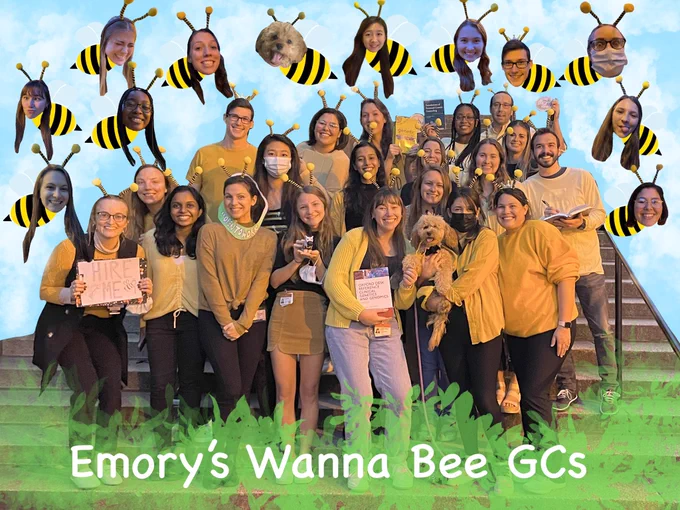 Emory gc students and their cockapoo program mascot dressed as bumble bees for hallogene.