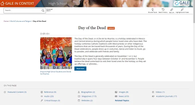 Gale In Context: High School, Day of the Dead portal page.
