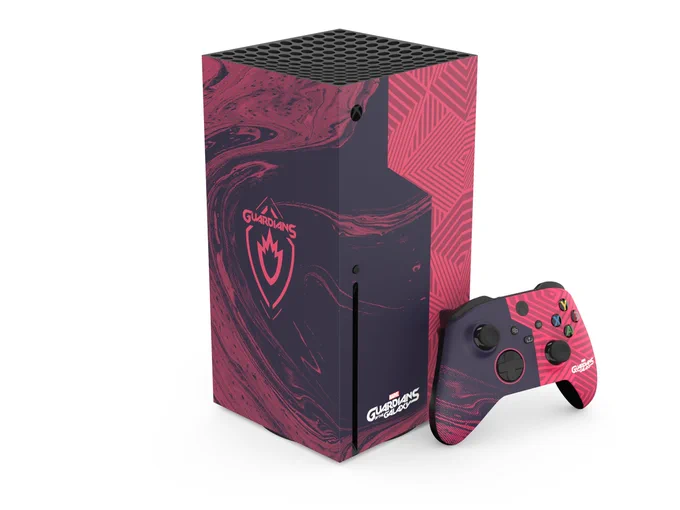 A custom Guardians of the Galaxy-design Xbox Series X console and Xbox Wireless controller. 