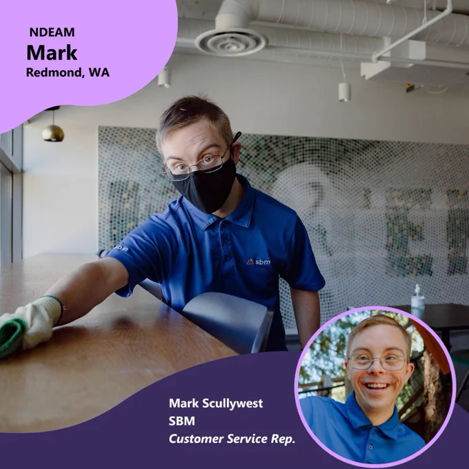 Two photos of Mark Scullywest. The first photo is Mark wearing glasses, face covering, gloves, and a blue SBM shirt, wiping a counter with a cleaning cloth. The second features Mark outside, smiling, wearing glasses, blue shirt, and posing in front of greenery. 