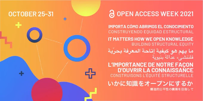 2021 open access week logo with this year's theme message It matters how we open knowledge, building structural equity.