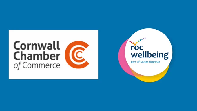 A blue background. The Cornwall Chamber of Commerce logo is on the left and the ROC Wellbeing logo is on the right. 