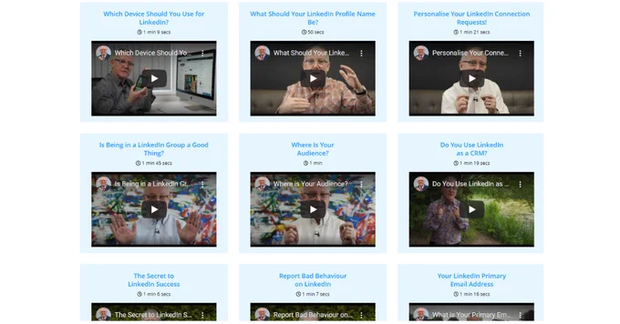 LinkedIn Trainer Nigel Cliffe video thumbnails. 