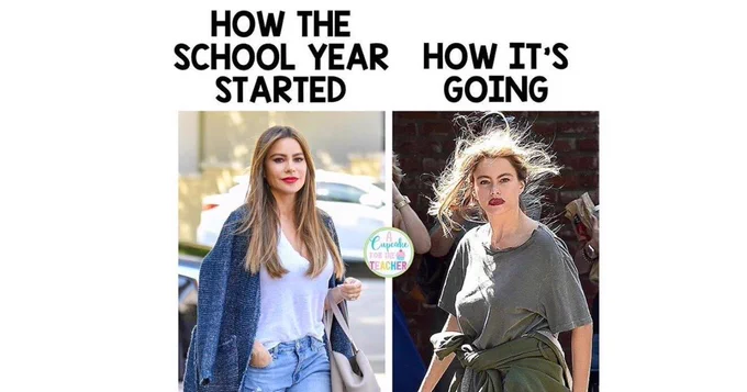 Image description: On the left, a photo of actress Sofia Vergara, her hair done and her makeup applied, the photo labeled "how the school year started." On the left, a photo of Sofia (while filming an episode of Modern Family) with her hair and makeup a mess, labeled "how it's going." 
