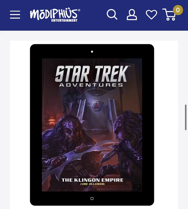 Screen grab of the Modiphius dot net website, with a picture of the digital cover of the Klingon Star Trek Adventures ttrpg corebook on an iPad.