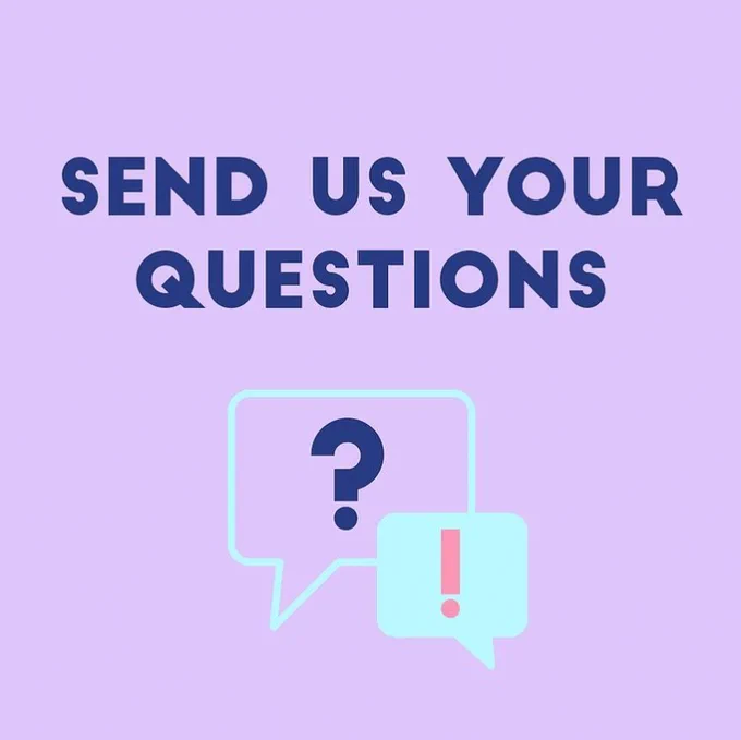 Text: Send Us Your Questions. Image: A question mark and an exclamation point in speech bubbles. Lavender, aqua, pink and purple elements in the simple design. 