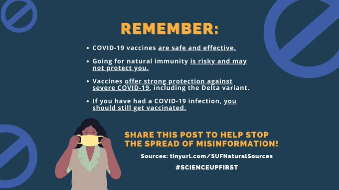 Remember:

COVID-19 vaccines are safe and effective.
Going for natural immunity is risky and may not protect you.
Vaccines offer strong protection against severe COVID-19, including the Delta variant
If you have had a COVID-19 infection, you should still get vaccinated.

Share this post to help stop the spread of misinformation!
