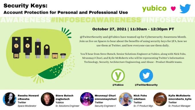 Advertisement for a Spaces conversation between twitter and Yubico later today at https://twitter.com/i/spaces/1djxXPBkrDyxZ.