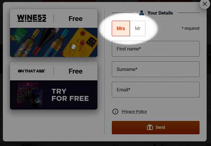 Image showing Sovendus form with options only for Mr or Mrs