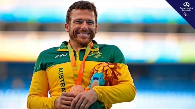 Australian Paralympian Kurt Fearnley with a medal around his neck at Rio 2016