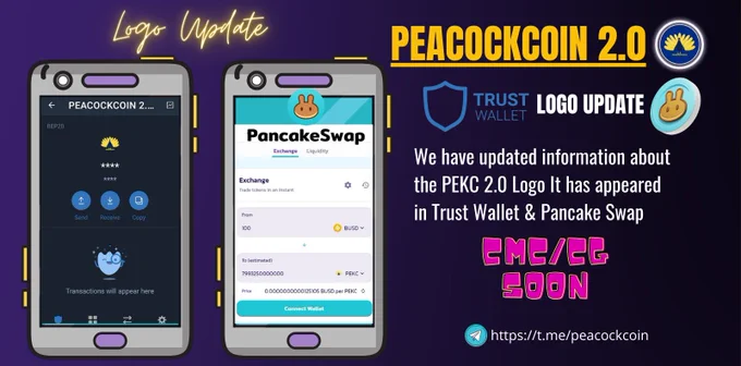 🔊PEACOCKCOIN 2.0 UPDATE..!!!

We have updated information about the PEKC 2.0 Logo It has appeared 
in Trust wallet & Pancake Swap, CMC & CG SOON

🔷Product Update

#Update #Logo #Trustwallet #Pancakeswap

🔎https://t.me/peacockcoin
🔎https://migration.peacockcoin.io