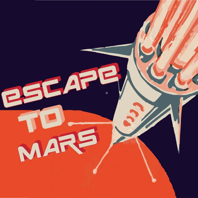 A rocket blasting towards a red planet.