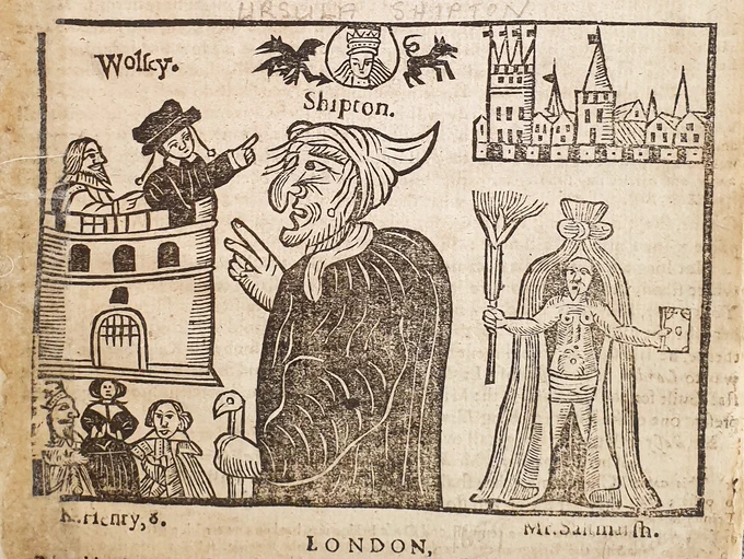 print woodcut o'r wrach a phroffwyd 'mother shipton'
