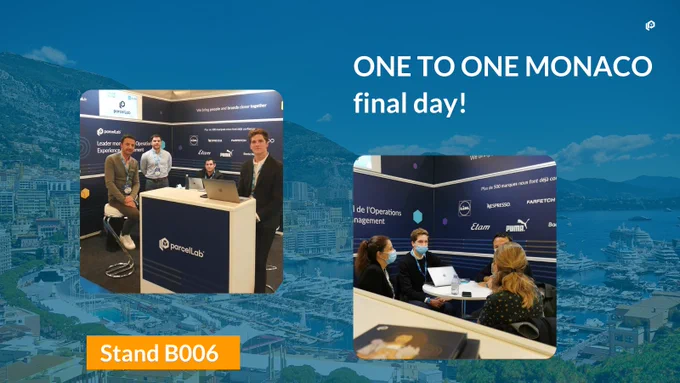 parcelLab at One to One Monaco discussing e-commerce and Operations Experience Management - two images on a blue background 