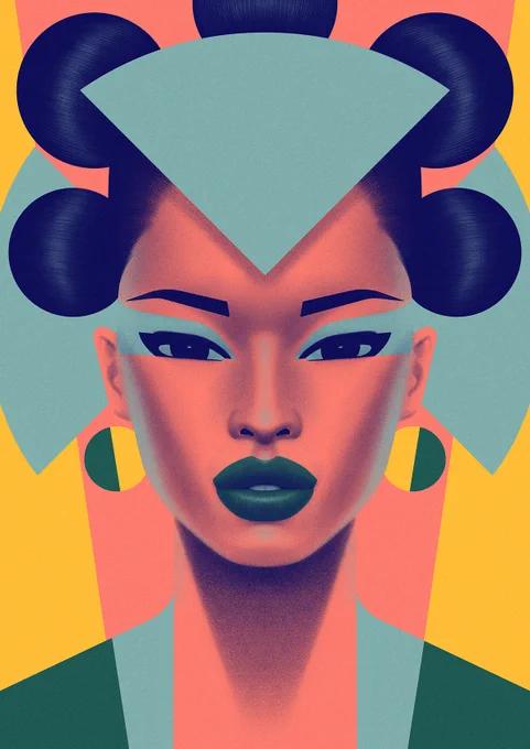 An illustration of a woman wearing round earrings and will top knots in her hair.
