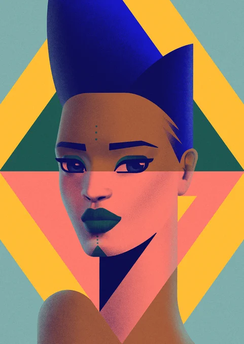 An illustration of a woman with spiked-up hair and a tattoo on her forehead and chin.