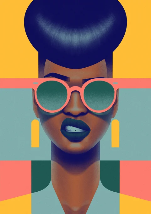 An illustration of a woman in sunglasses with their lip curled and with a beehive.