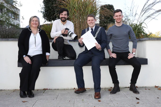 Pictured at County Hall for the presentation are, from left: Muireann Ni Chonaill, LCC Arts Officer; Mícheál Fleming;  Cllr Conor Bergin, LCC Cathaoirleach; Michael-David McKernan. 