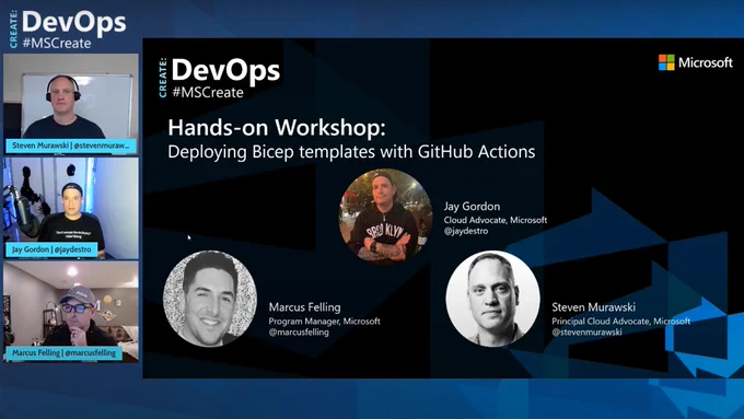 MS Create Title slide with the words: Hands-on Workshop with Marcus Felling, Steven Murawski and Jay Gordon