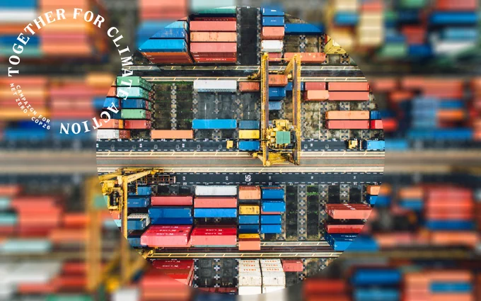 Shipping containers with edges blurred and Bartlett Together for Climate Action logo.