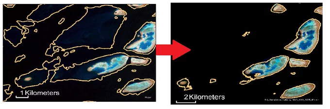 See reef outlines: 
left, current commonly used outline of reef features from park authorithy vs 
right, our study derived beta outline based on geomorphic zones maps above 20 m MSL 