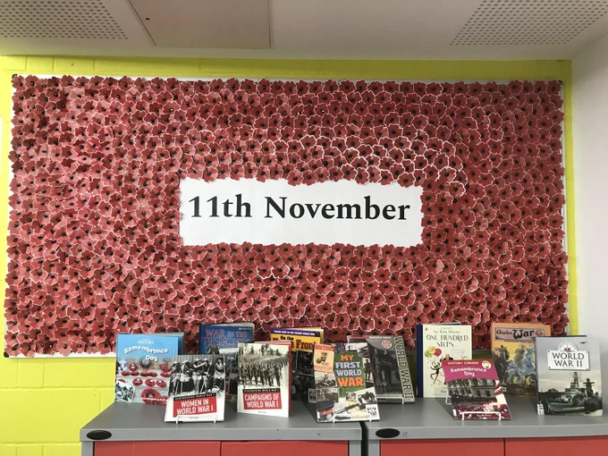 Poppies on display at Dalston CLR James Library to mark Remembrance Day 2021.