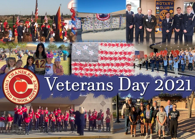 A photo collage of 8 different schools in Chandler Unified and their celebrations for Veterans Day 2021.