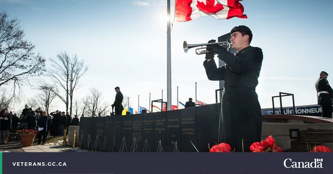 Soldier in uniform playing the trumpet during a Remembrance Day. On the back the Canadian flag and three soldiers performing their duty as vigil guards.